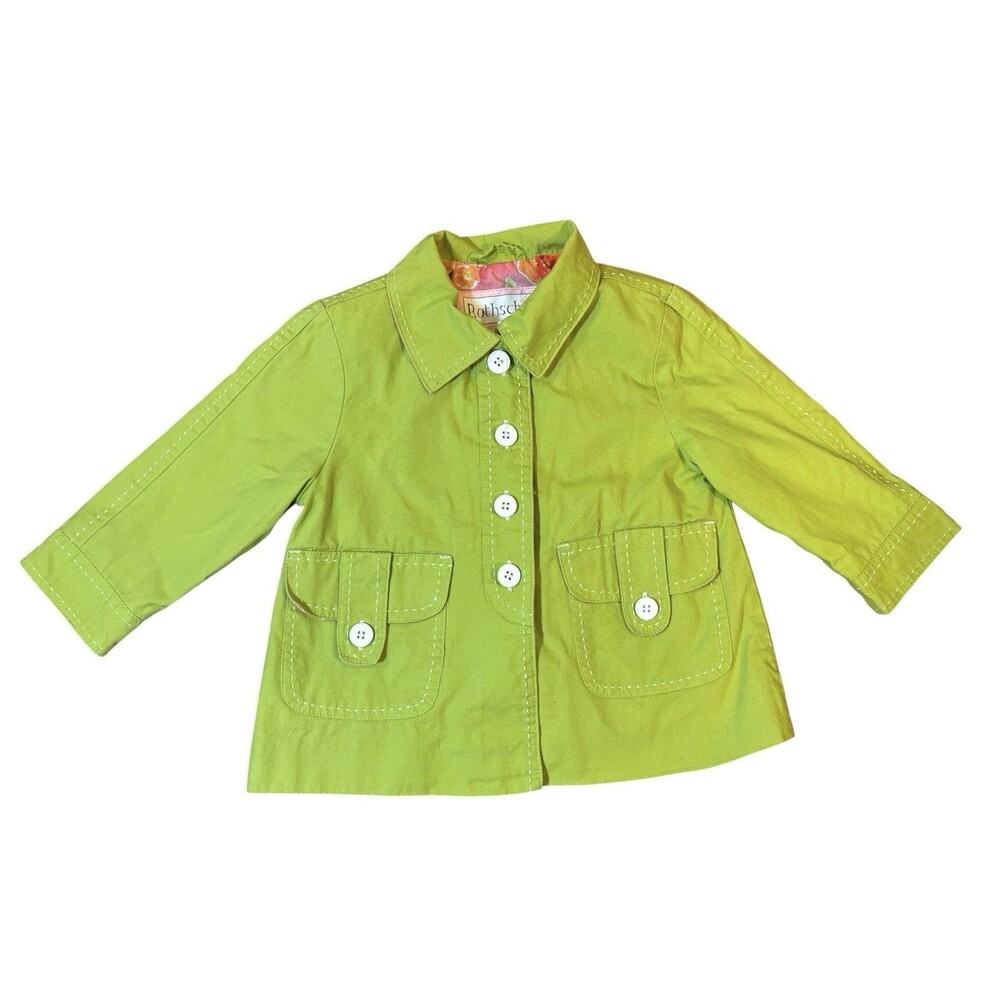 Vintage Rothschild Girls 2T Lime Green Jacket White Topstitching Flap Pockets